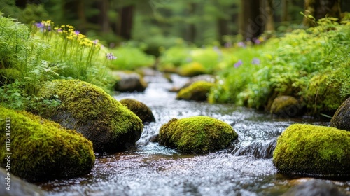Sun-dappled stream weaving around mossy boulders, surrounded by dense, vibrant greenery and wildflowers in a serene forest setting, stream boulders mossy