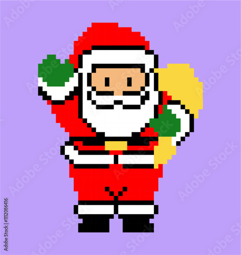 Santa pixel art in purple background.