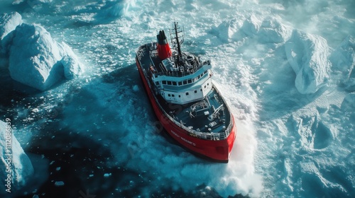 A robust red icebreaker ship cuts through icy polar waters, surrounded by massive glaciers in a remote Arctic region. Generative AI photo