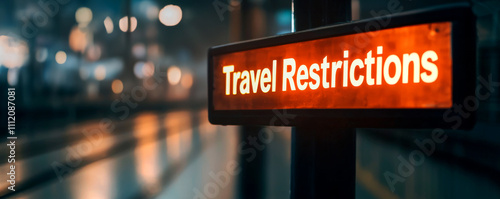 Travel restrictions and visa concept Sign indicating travel restrictions in a dimly lit environment. photo