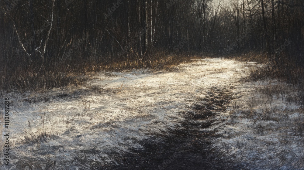 Fototapeta premium Sunlit snow path through dark winter woods.