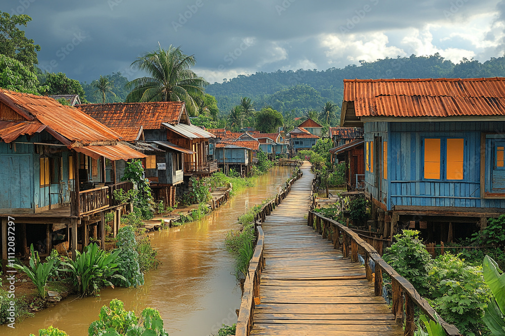Naklejka premium Wooden walkway between rustic houses by a waterway