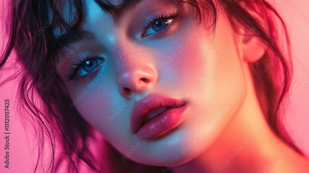 Close-up portrait of a young woman with bold features, expressive eyes, and soft lighting. Gen Z aesthetics, modern beauty standards, bokeh background, neon colors, personal identity. Close-up portrait of a young woman with bold features, expressive eyes, and soft lighting. Gen Z aesthetics, modern beauty standards, bokeh background, neon colors, personal identity.