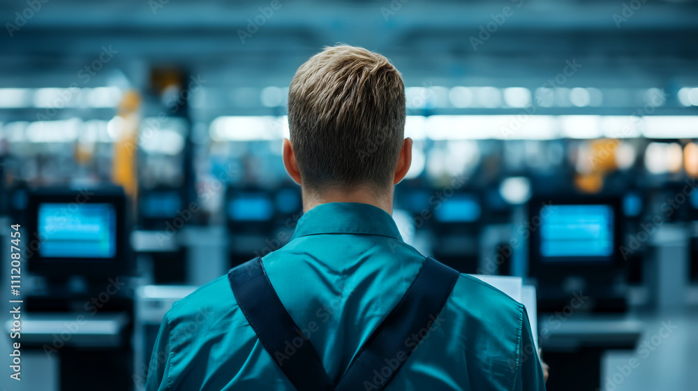 Travel restrictions and visa concept A man observes multiple screens in a high-tech environment. Travel restrictions and visa concept A man observes multiple screens in a high-tech environment.