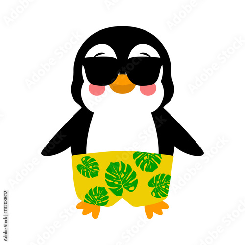 Ilustración con un pingüino sonriendo con gafas de sol y bermudas 