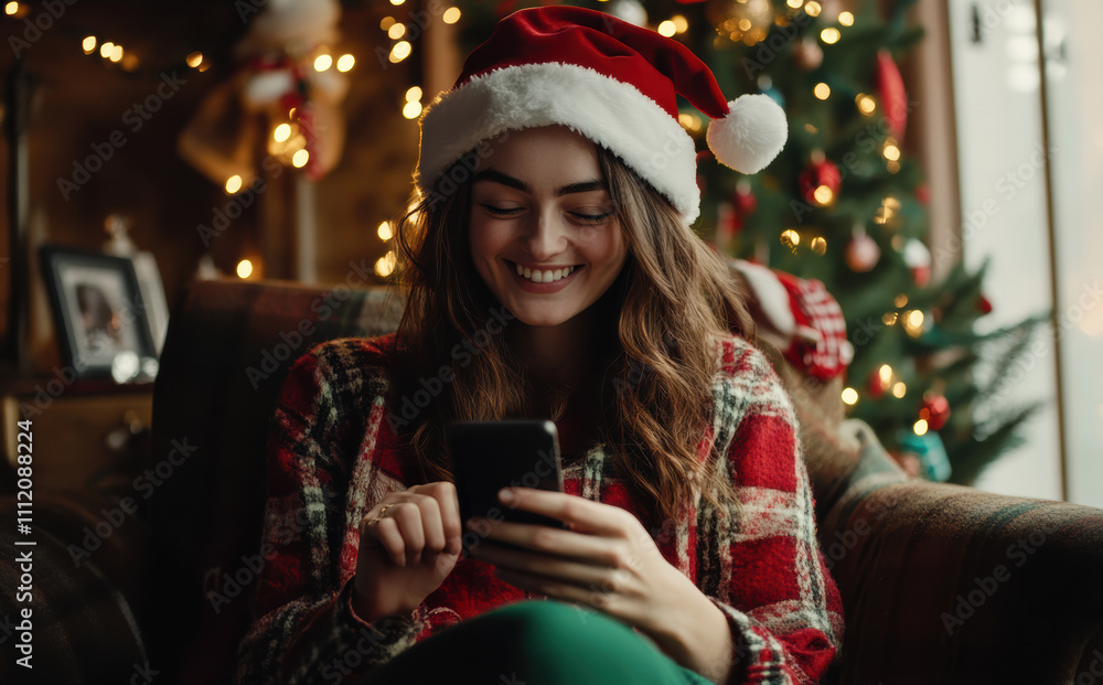 Smiling woman in Christmas attire uses smartphone by a decorated tree Smiling woman in Christmas attire uses smartphone by a decorated tree
