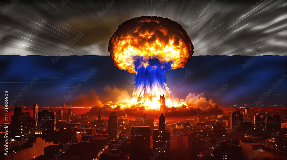 Mushroom Cloud Rising Above a City with Russian Flag in Flames Mushroom Cloud Rising Above a City with Russian Flag in Flames