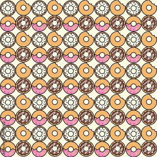 Pattern of colorful variant sweet donuts. Dessert background. Vector Illustration