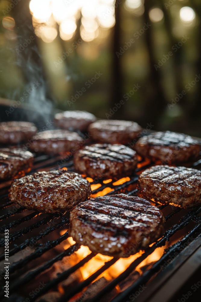 Hamburgers cooking on a grill with flames in the background, family grilling burgers Hamburgers cooking on a grill with flames in the background, family grilling burgers