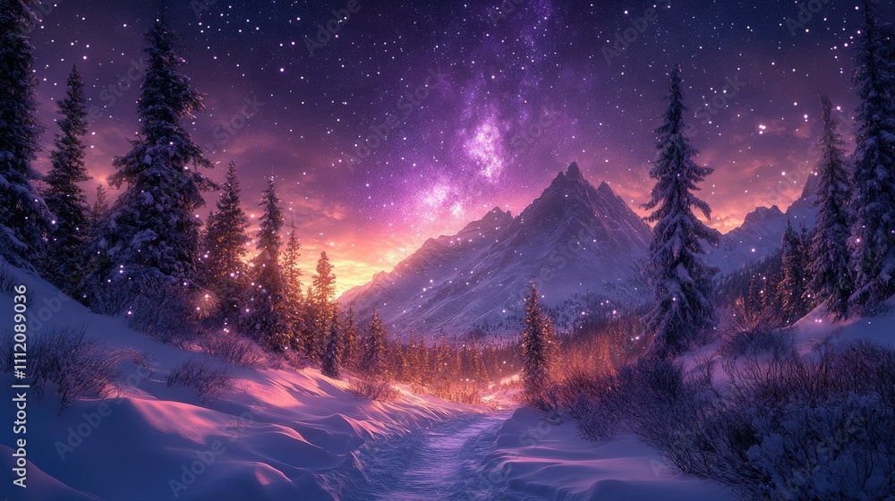 Magical winter landscape with snow-covered mountains, forest, and starry night sky.