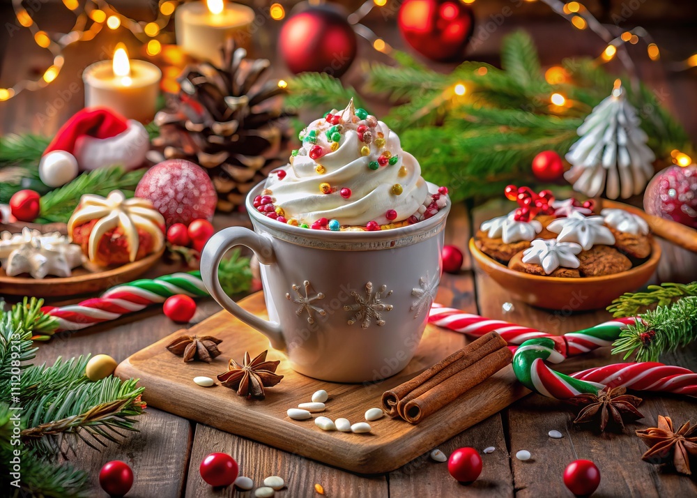 Cozy Holiday Scene with Hot Chocolate Mug, Whipped Cream, Christmas Cookies, and Candy Canes on a Warm Table for Festive Celebrations Cozy Holiday Scene with Hot Chocolate Mug, Whipped Cream, Christmas Cookies, and Candy Canes on a Warm Table for Festive Celebrations