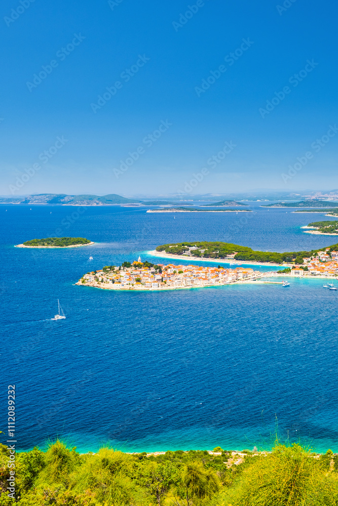 Panoramic view of town of Primosten in Croatia, turquoise Adriatic archipelago