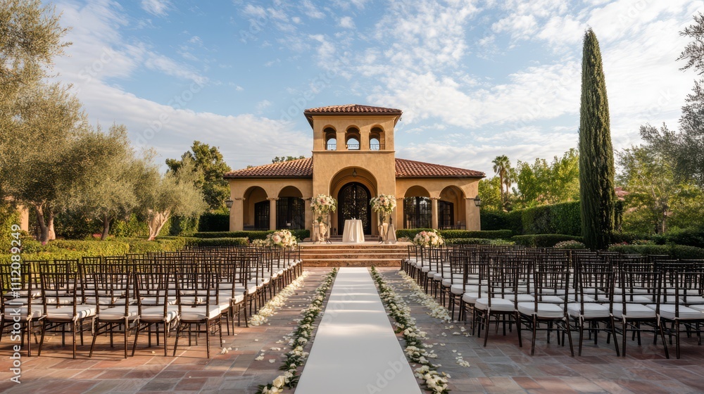 Fototapeta premium Outdoor wedding ceremony setup with aisle, chairs, and Mediterranean-style building.