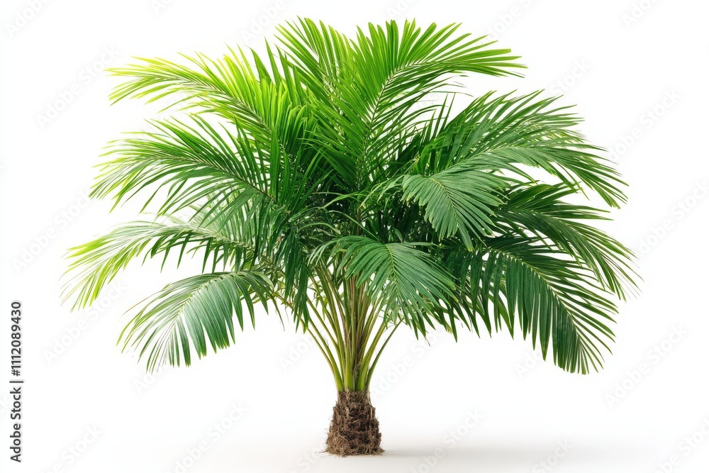 Lush green tropical palm tree isolated on white background, perfect for design elements, websites, or print. Lush green tropical palm tree isolated on white background, perfect for design elements, websites, or print.