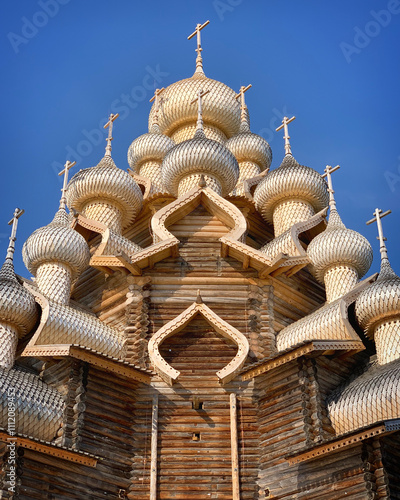 Wooden domes of the Church of the Transfiguration in Kizhi Pogost world heritage site, Karelia, Russia, June 2019