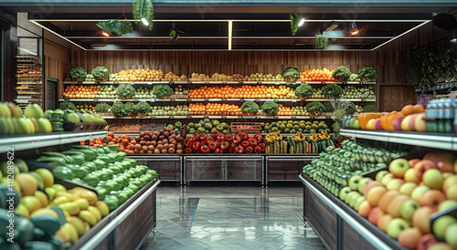 An empty green grocer stall, sitting on in amongst a supermarket fruit and veg aisle.