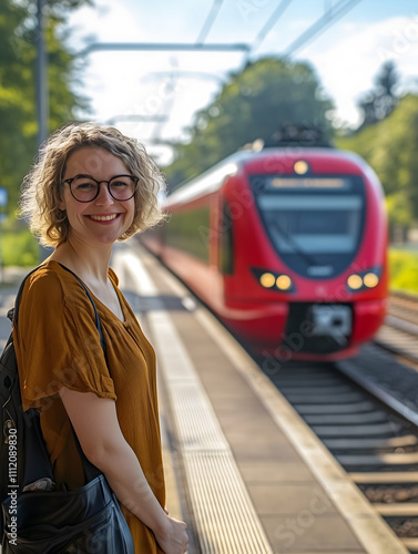 A smiling woman stands at a busy train station, waiting for her ride in the morning sun. The red train is approaching while she enjoys the sunshine and the anticipation of her journey. photo