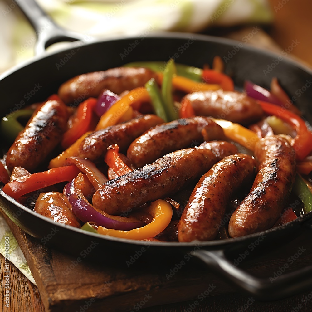 Sizzling Skillet of Colorful Sausages with Peppers and Onions Sizzling Skillet of Colorful Sausages with Peppers and Onions