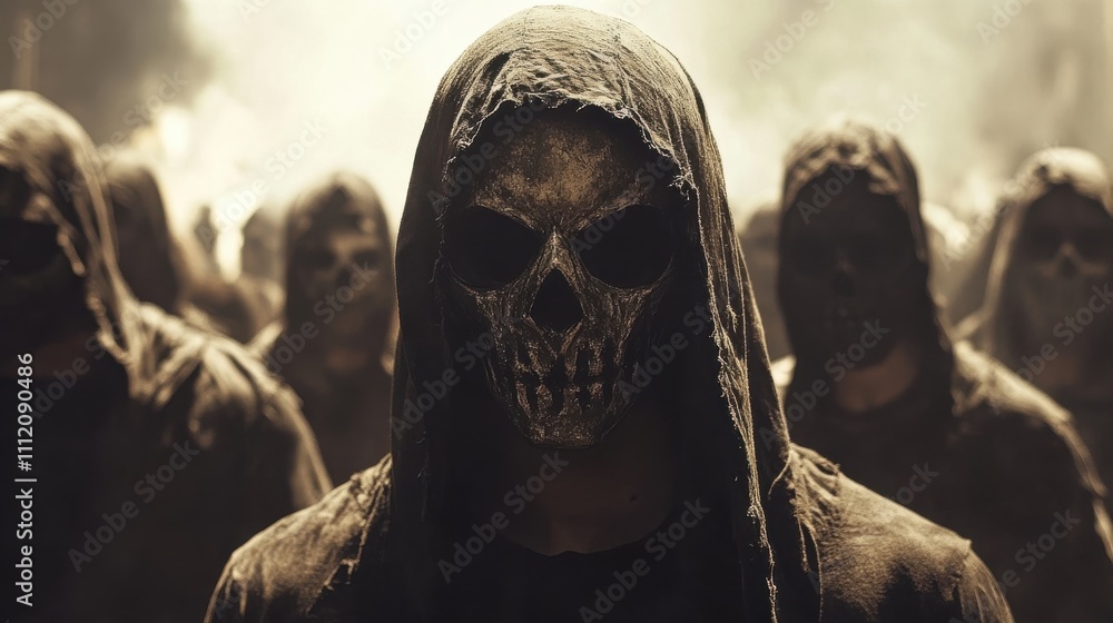 A man with a skull mask stands in front of a group of people A man with a skull mask stands in front of a group of people
