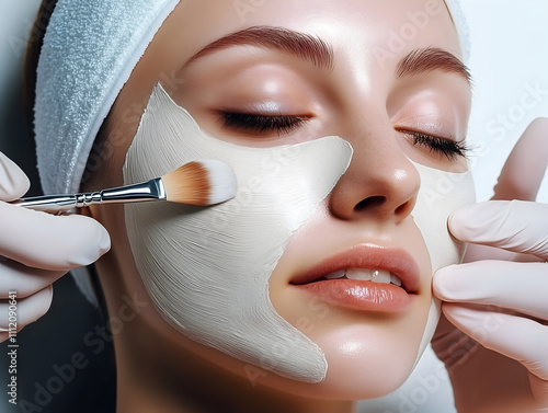 A close-up image of a woman receiving a facial treatment in a beauty salon. A beautician applies a cream mask to her face, with gloves on, providing skincare and rejuvenation in a soothing environment photo