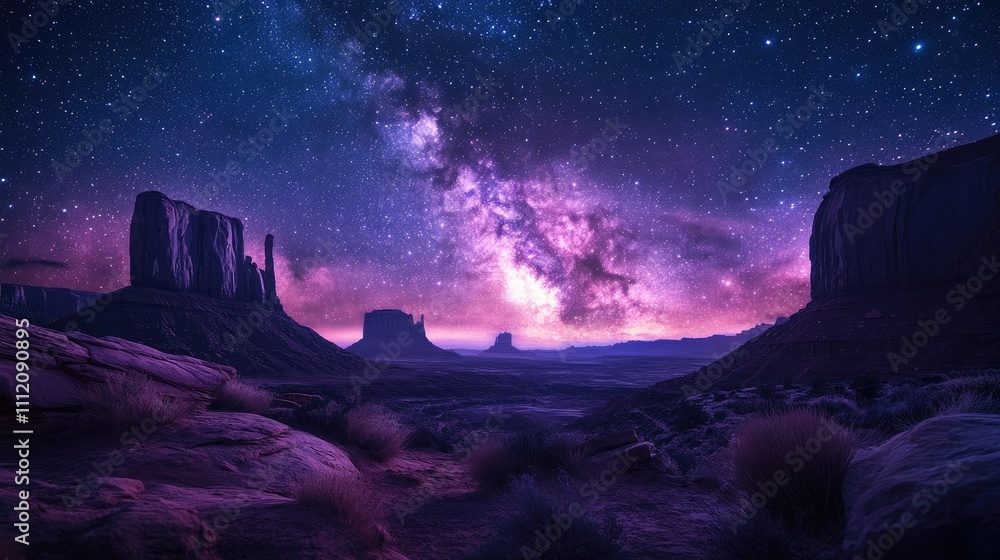 Naklejka premium Majestic Milky Way galaxy over a desert landscape at night, vibrant purple hues.
