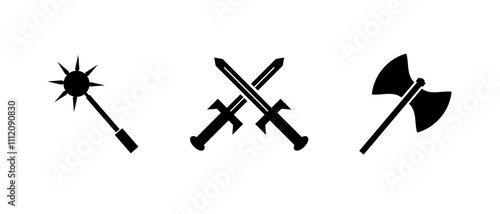 A minimalistic black weapon icon set featuring swords, axes, and maces, symbolizing medieval battles, warrior power, and barbarian clashes in antique warfare.