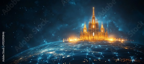 Cathedral church over the planet earth world. Christian faith worship spirituality concept. Generative AI technology. 