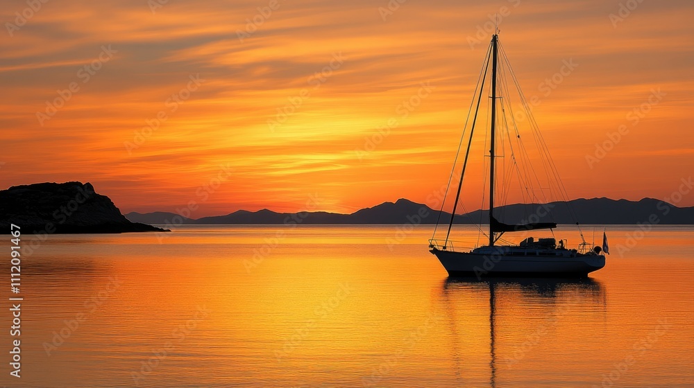 Tranquil Sunset Over Calm Waters with Sailboat Silhouette Tranquil Sunset Over Calm Waters with Sailboat Silhouette