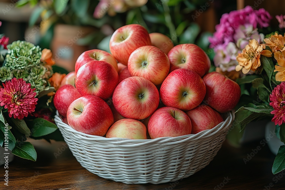 Apples in a white basket on a table, with a blurred background featuring flower Apples in a white basket on a table, with a blurred background featuring flower