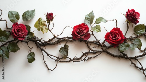 Fototapeta Naklejka Na Ścianę i Meble -  blood red roses on a curly vine, ivy. thorns and green leaves. dry curly branches. valentines concept.