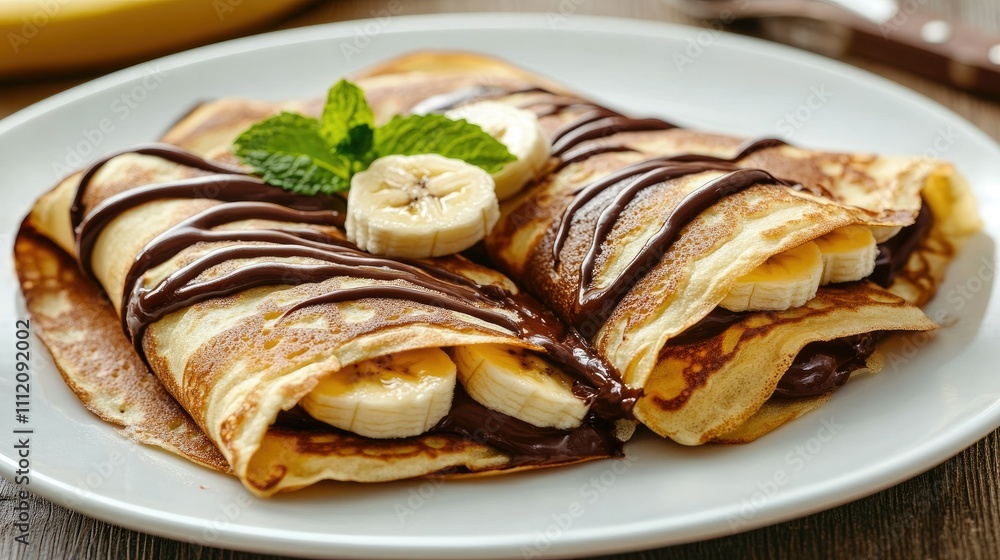 Delicious Crepes with Banana and Chocolate Sauce on a Plate Delicious Crepes with Banana and Chocolate Sauce on a Plate