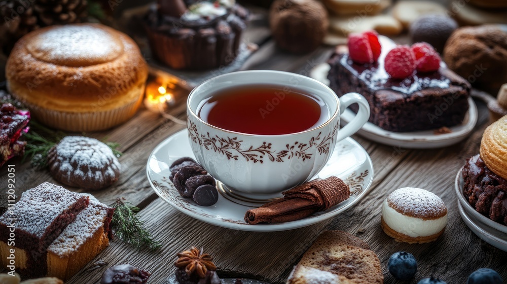 Warm Cup of Tea Surrounded by Assorted Decadent Desserts and Treats Warm Cup of Tea Surrounded by Assorted Decadent Desserts and Treats