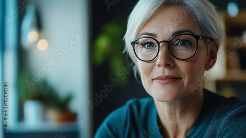 Close-up portrait of an elegant older woman wearing glasses and a blue shirt.