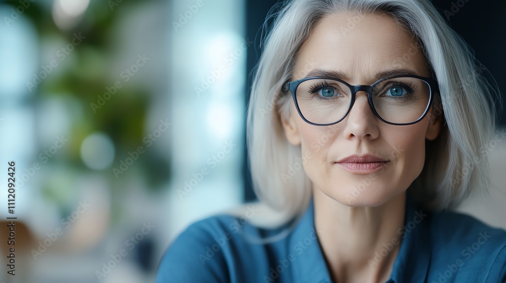 Confident mature woman with short gray hair wearing glasses and blue shirt. Confident mature woman with short gray hair wearing glasses and blue shirt.