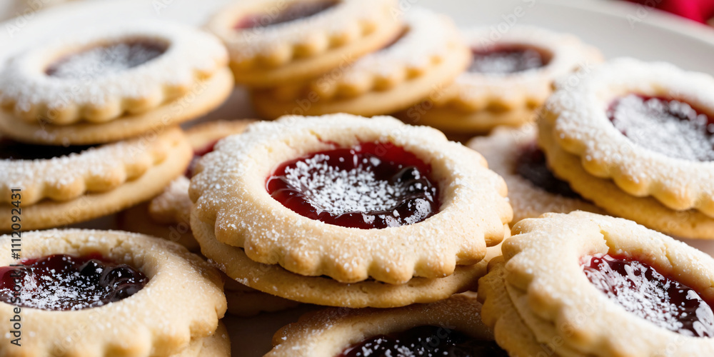 Plate of Linzer Cookies Filled with Raspberry Jam and Powdered Sugar Plate of Linzer Cookies Filled with Raspberry Jam and Powdered Sugar