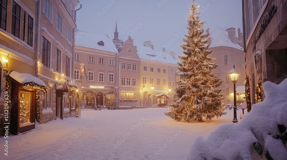 Obraz premium Magic Winter Evening in Snowy Charming Town Square with Christmas Tree