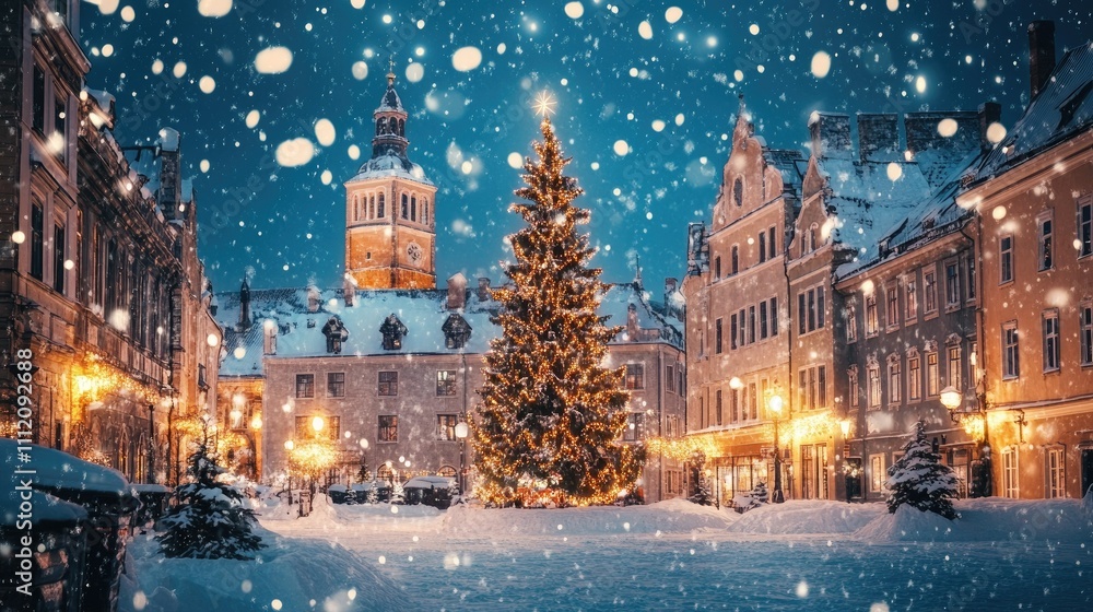 Obraz premium Winter Wonderland Scene with Snowy Christmas Tree and Buildings