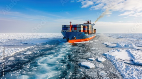 Massive container ship braving icy ocean waters photo