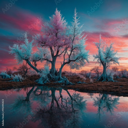 A surreal landscape with crystal trees reflecting the sky’s vibrant colors.