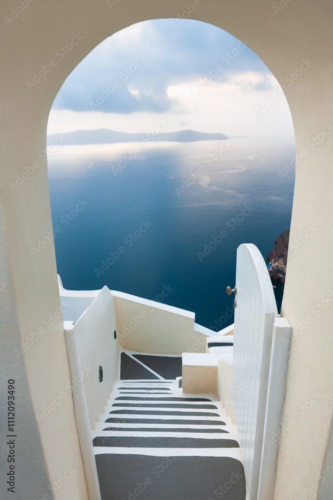 White architecture in Santorini island, Greece. Blue sea and the blue sky at sunset.
