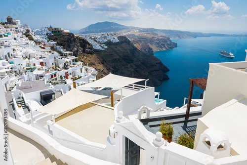 White architecture in Santorini island, Greece. Panoramic view of island at sunny day.