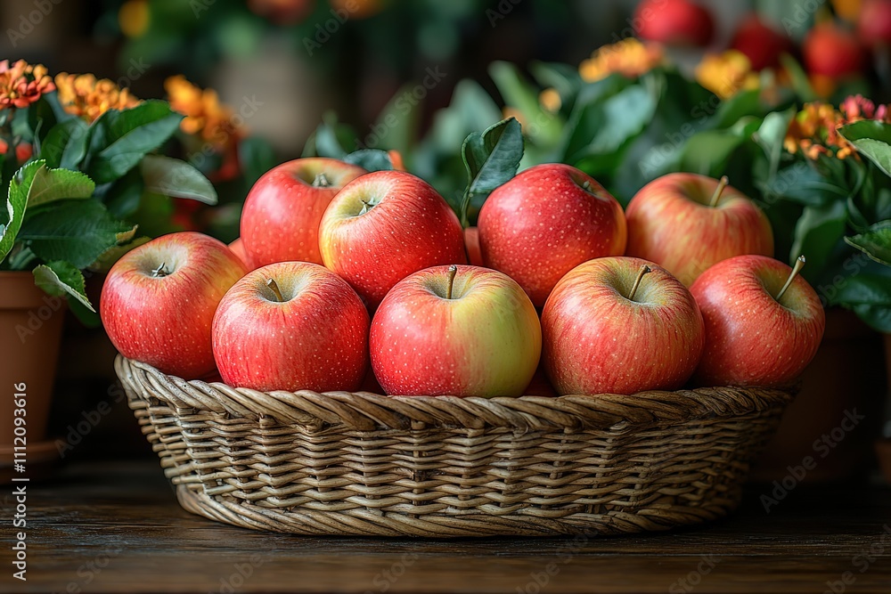 A basket of apples sits on a table and behind it flower A basket of apples sits on a table and behind it flower