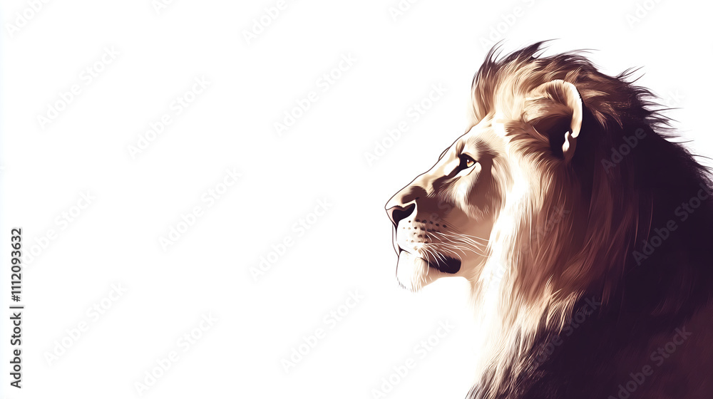 Naklejka premium leo head beige sketch; wildcat looking a side with curiosity & focused face expresson; lion emblem isolated over white background; great for advertising