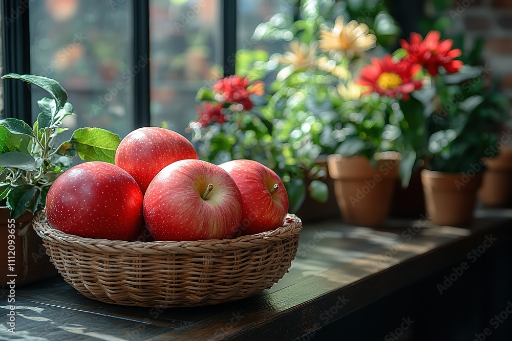A basket of apples sits on a wooden table next to a potted plant A basket of apples sits on a wooden table next to a potted plant