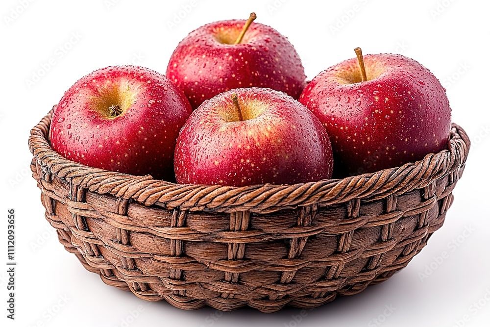 A basket full of apples with is shown on a white background A basket full of apples with is shown on a white background