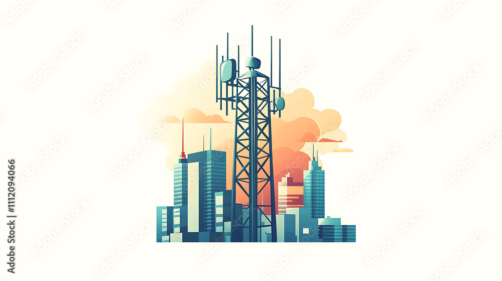 Obraz premium Cellular tower towering over a modern city skyline