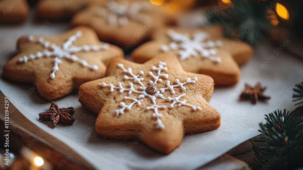 Holiday cookies decorated with white icing on a festive table surrounded by seasonal decorations in a cozy setting. Generative AI Holiday cookies decorated with white icing on a festive table surrounded by seasonal decorations in a cozy setting. Generative AI