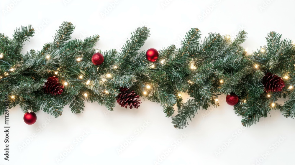 Christmas border with conifer branches and garlands of Christmas lights isolated on white background**** Christmas border with conifer branches and garlands of Christmas lights isolated on white background****