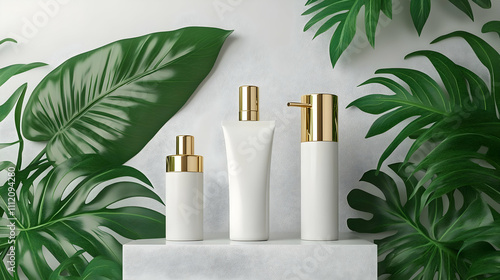3D Render of White Bottles with Gold Accents and Tropical Leaves