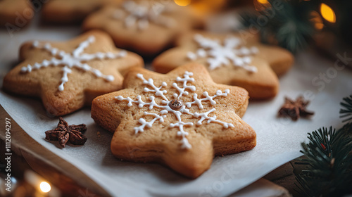 Holiday cookies decorated with white icing on a festive table surrounded by seasonal decorations in a cozy setting. Generative AI